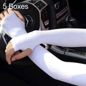 5 Boxes New Style Ice Silk Sleeves Fresh and Cool UV Protection Oversleeve, Open Fingers Style(White)