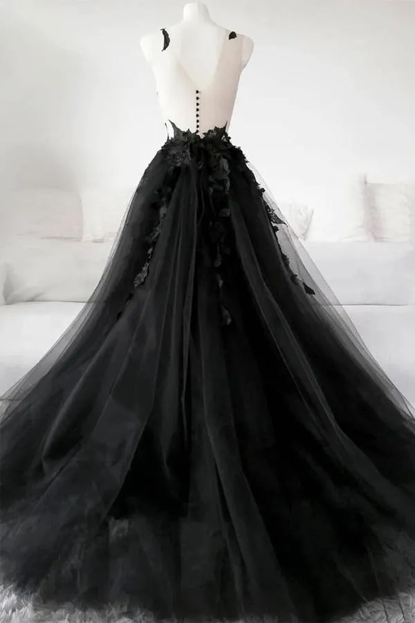 Ball Gown Deep V Neck Black Long Prom Dress with Appliques WD571