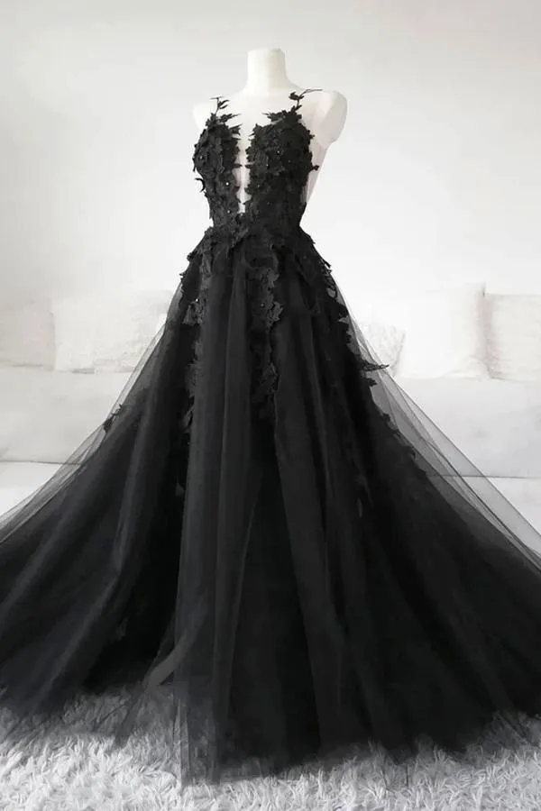 Ball Gown Deep V Neck Black Long Prom Dress with Appliques WD571