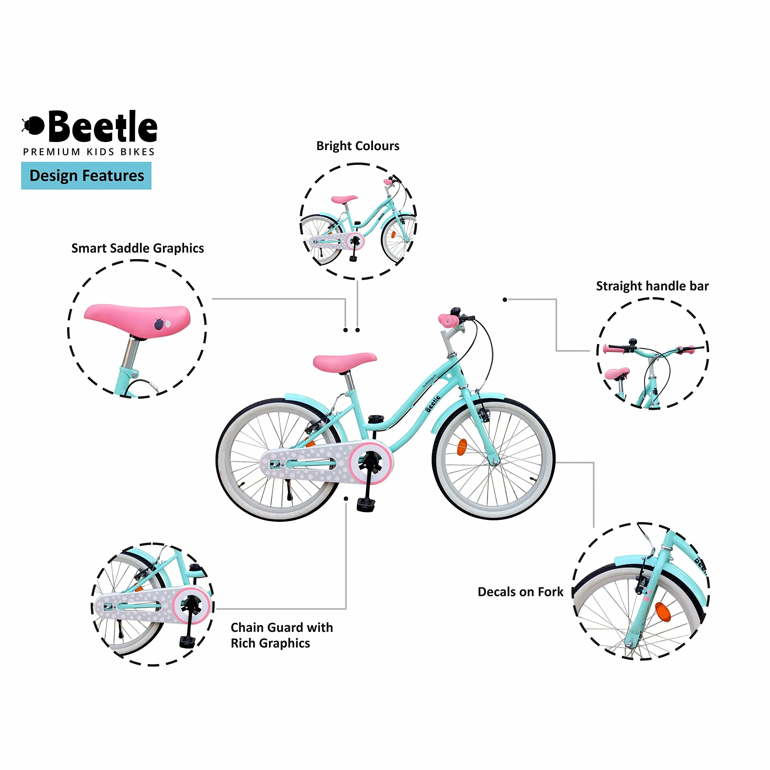 Beetle Bubblegum 20T Kids’ Bike, 12 Inch Frame, Turquoise Blue, Single Speed Steel Frame Bike, Ideal for 6-10 Years Unisex, Height 3.5-4.5 feet