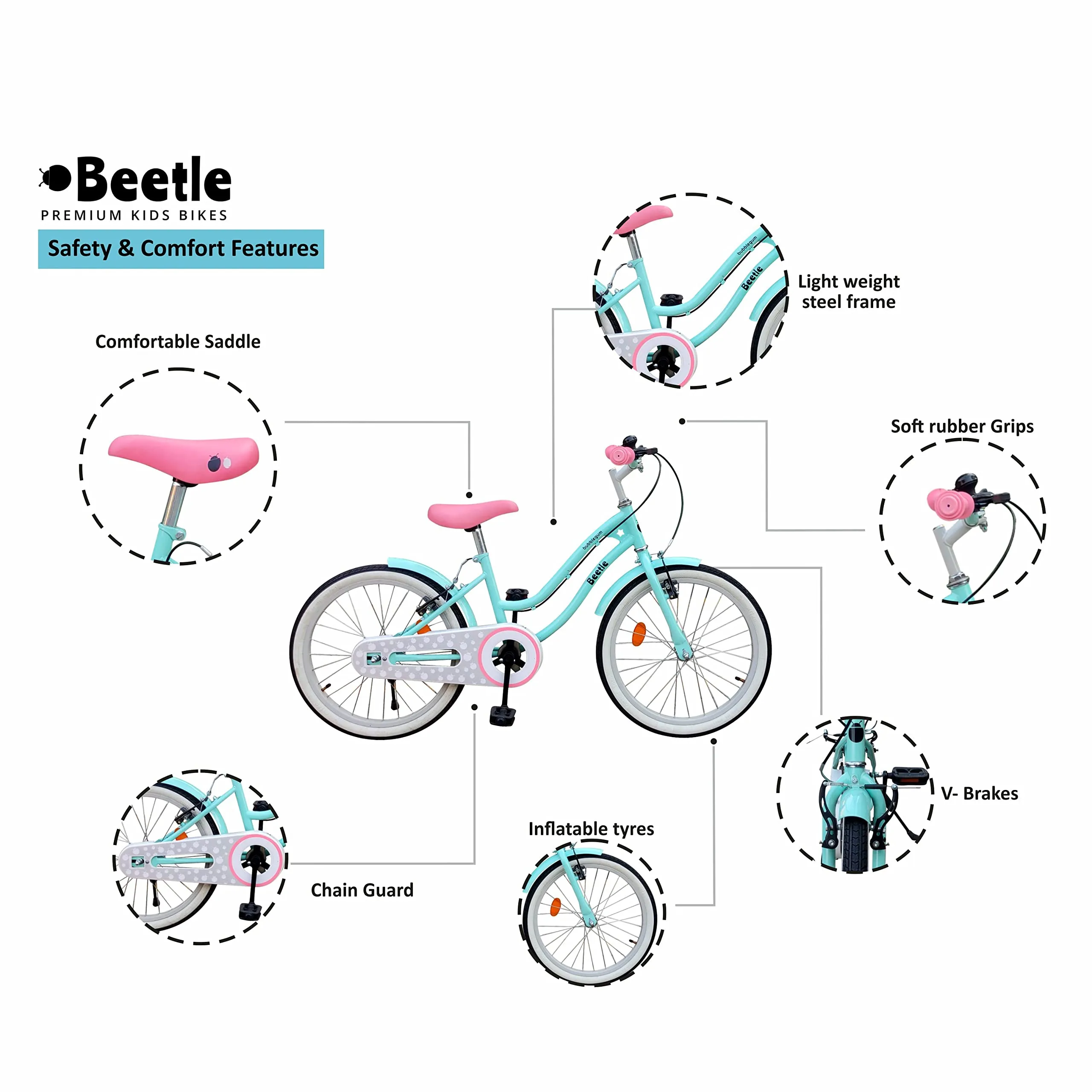 Beetle Bubblegum 20T Kids’ Bike, 12 Inch Frame, Turquoise Blue, Single Speed Steel Frame Bike, Ideal for 6-10 Years Unisex, Height 3.5-4.5 feet