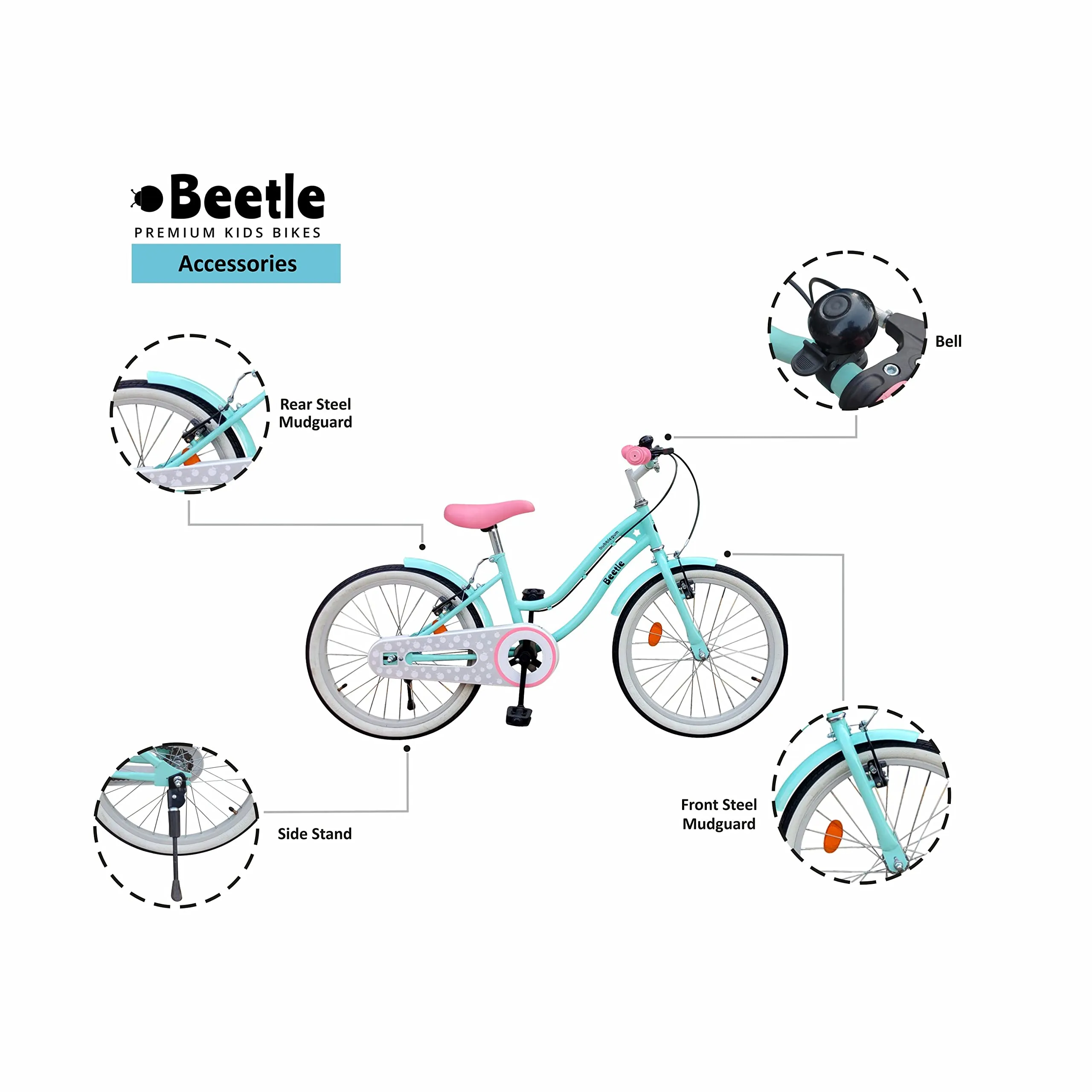 Beetle Bubblegum 20T Kids’ Bike, 12 Inch Frame, Turquoise Blue, Single Speed Steel Frame Bike, Ideal for 6-10 Years Unisex, Height 3.5-4.5 feet