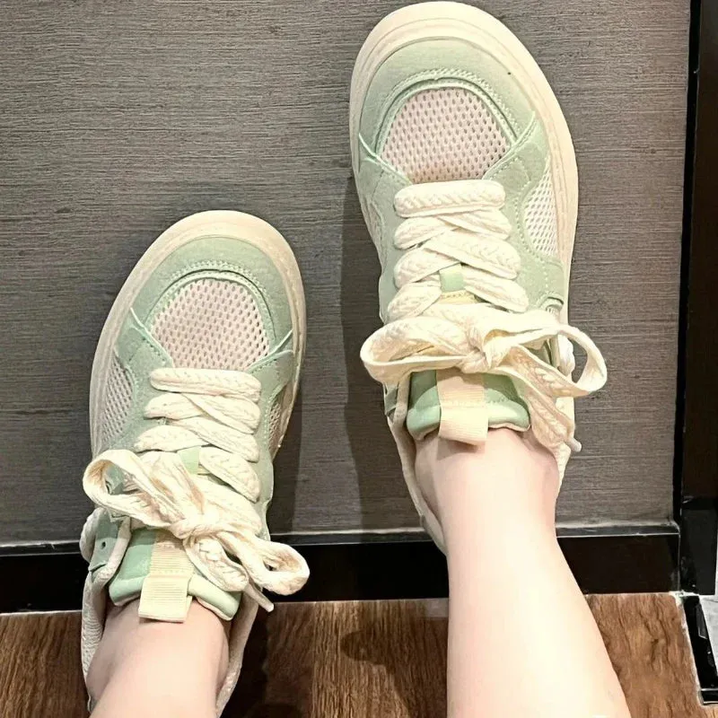 binfenxie  -  Comfortable Womens Sneakers Grid Design Breathable Lightweight Skate Shoes Versatile Lace Up Mint Green Casual Sneakers