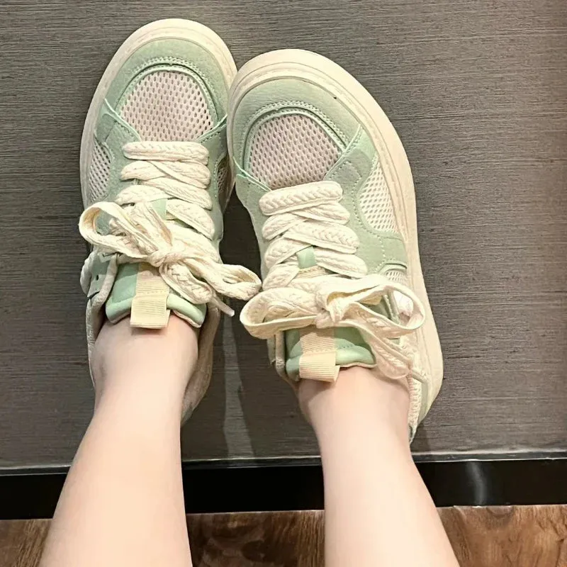 binfenxie  -  Comfortable Womens Sneakers Grid Design Breathable Lightweight Skate Shoes Versatile Lace Up Mint Green Casual Sneakers