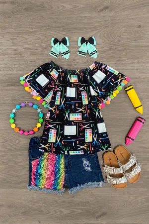 Black & Rainbow School Supplies Sequin Denim Short Set