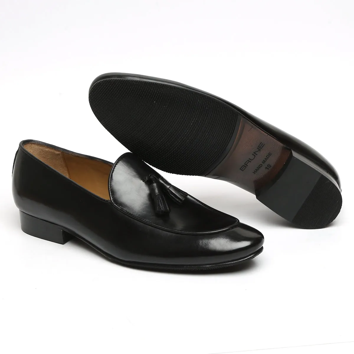 Black Leather Apron Toe Tassel Slip-On Shoes