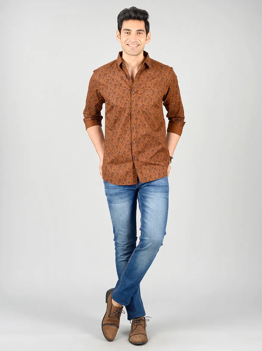 Brown Printed Slim Fit Casual Shirt | JadeBlue