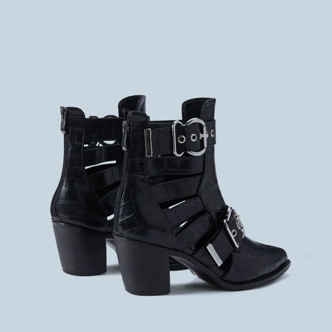 Crocodile Embossed Cutout Trim Metallic Buckle Block Heel Ankle Boots - Black