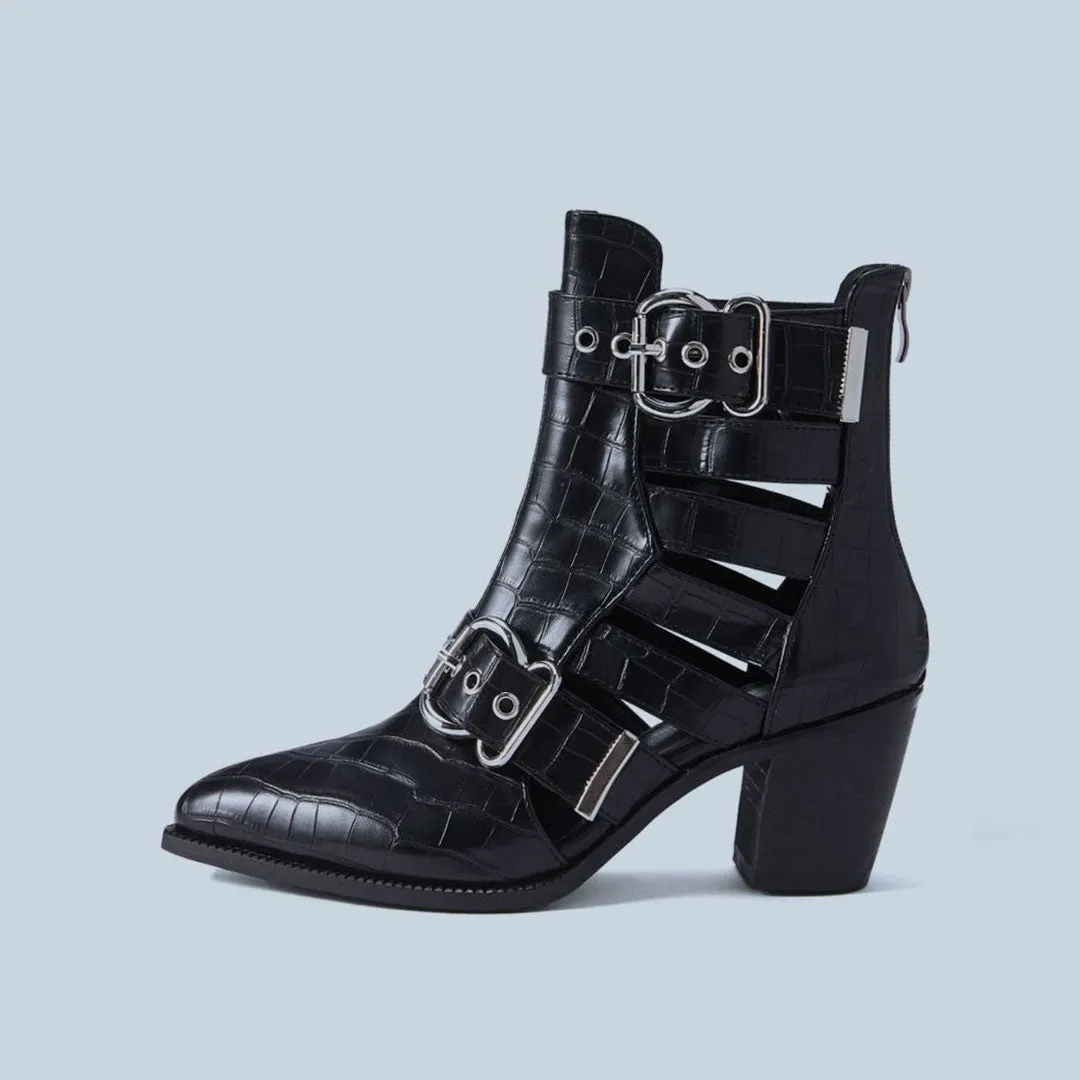 Crocodile Embossed Cutout Trim Metallic Buckle Block Heel Ankle Boots - Black