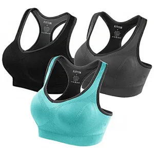 Fittin Womens Padded Sports Bras Wire Free with Removable Pads Grey ,XL,3 pack