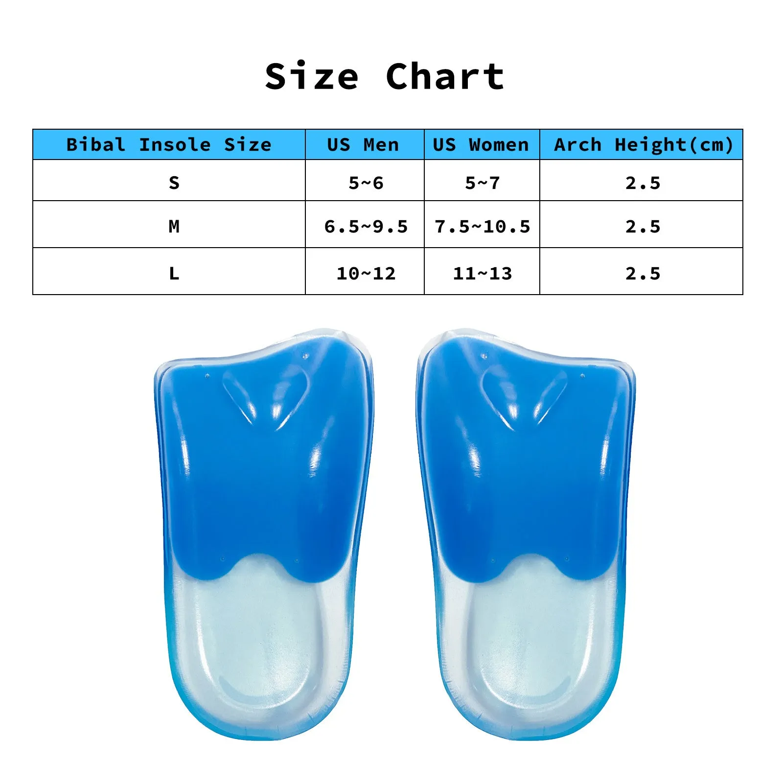 Gel Arch Support Half Insoles, Shock Absorption, 2X Pair, Bibal Insole