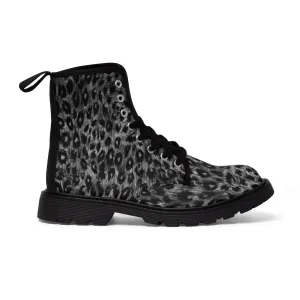 Grey Leopard Men's Canvas Boots, Wild Animal Print Designer Winter Laced-up Boots For Men