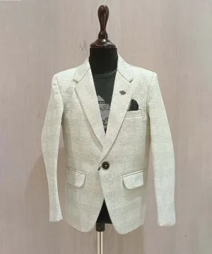 Greyish-White Check-Textured Blazer with a Black T-Shirt for Boys