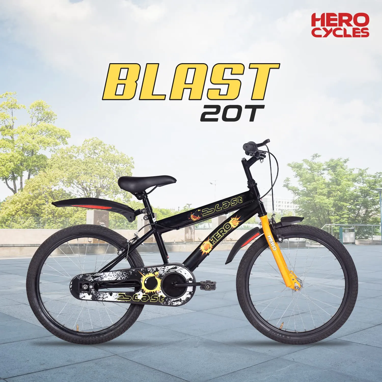 Hero Blast 20T Kids Cycle with mudgaurds | Black | Easy Self assembly | Cycle for age 7 to 10 years boys and girls 12 Inches, Rigid