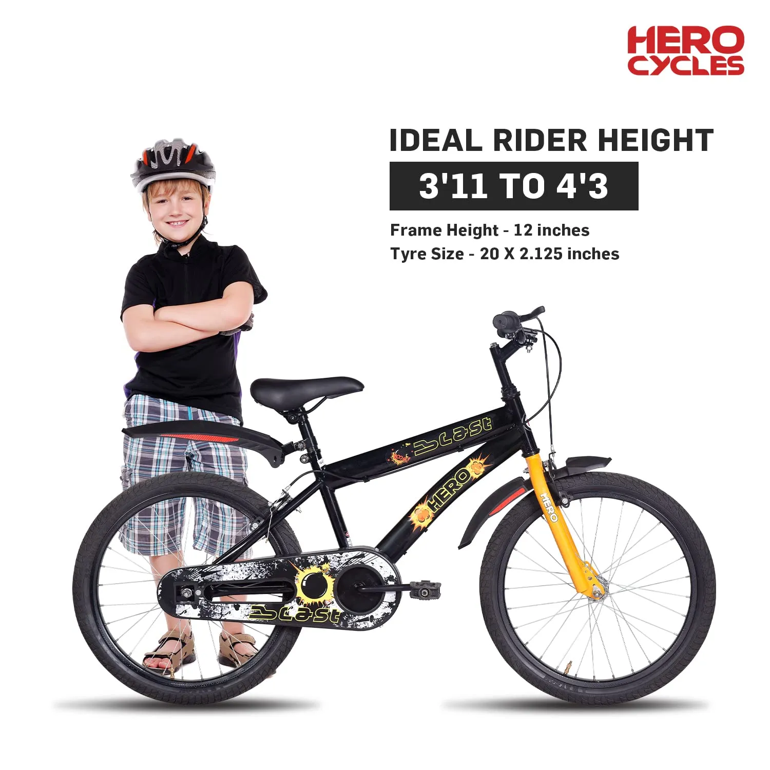 Hero Blast 20T Kids Cycle with mudgaurds | Black | Easy Self assembly | Cycle for age 7 to 10 years boys and girls 12 Inches, Rigid