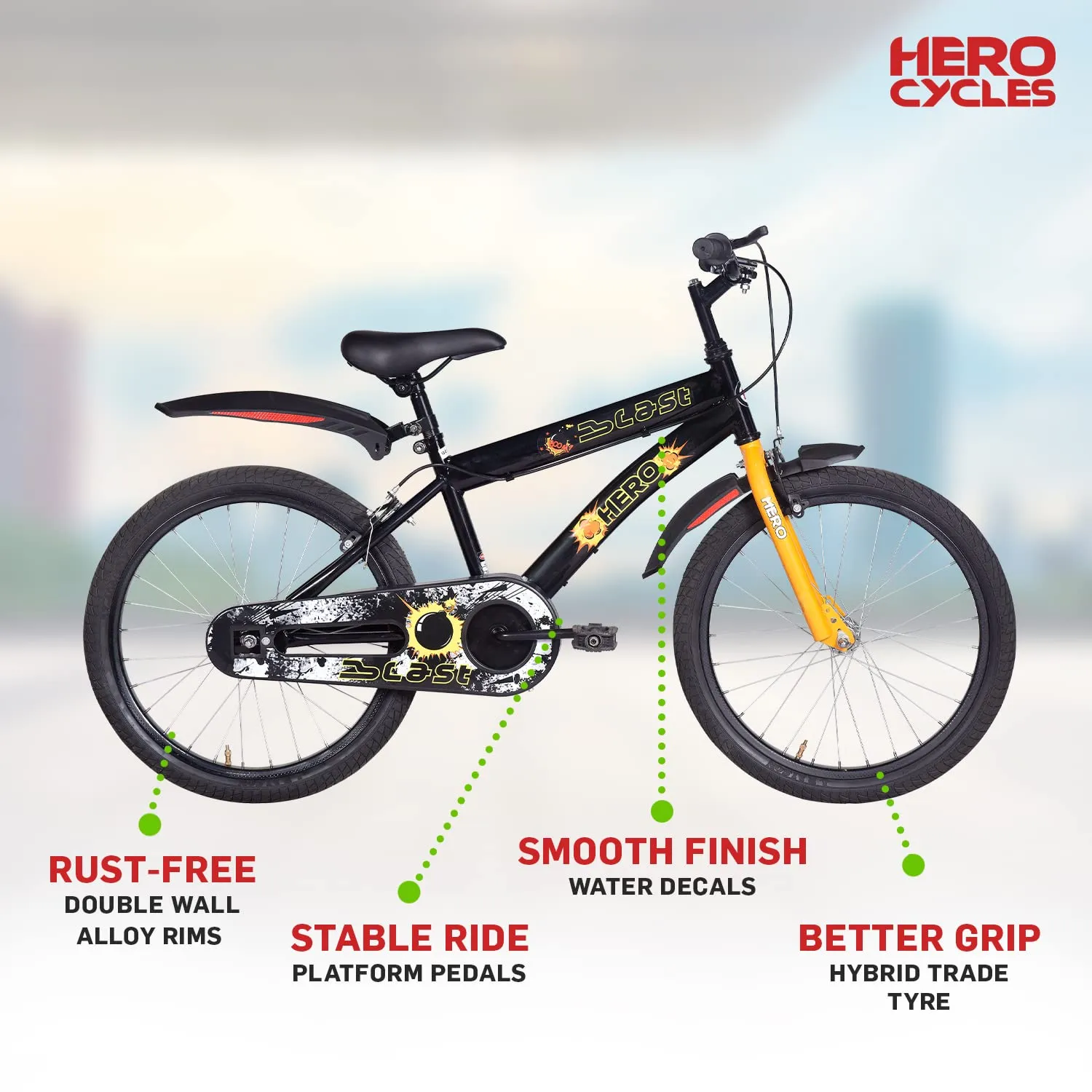 Hero Blast 20T Kids Cycle with mudgaurds | Black | Easy Self assembly | Cycle for age 7 to 10 years boys and girls 12 Inches, Rigid