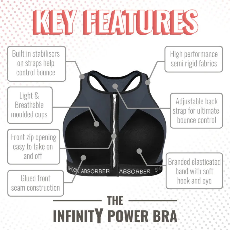 Infinity Power Front Zippered Sports Bra Black Silver - Shock Absorber