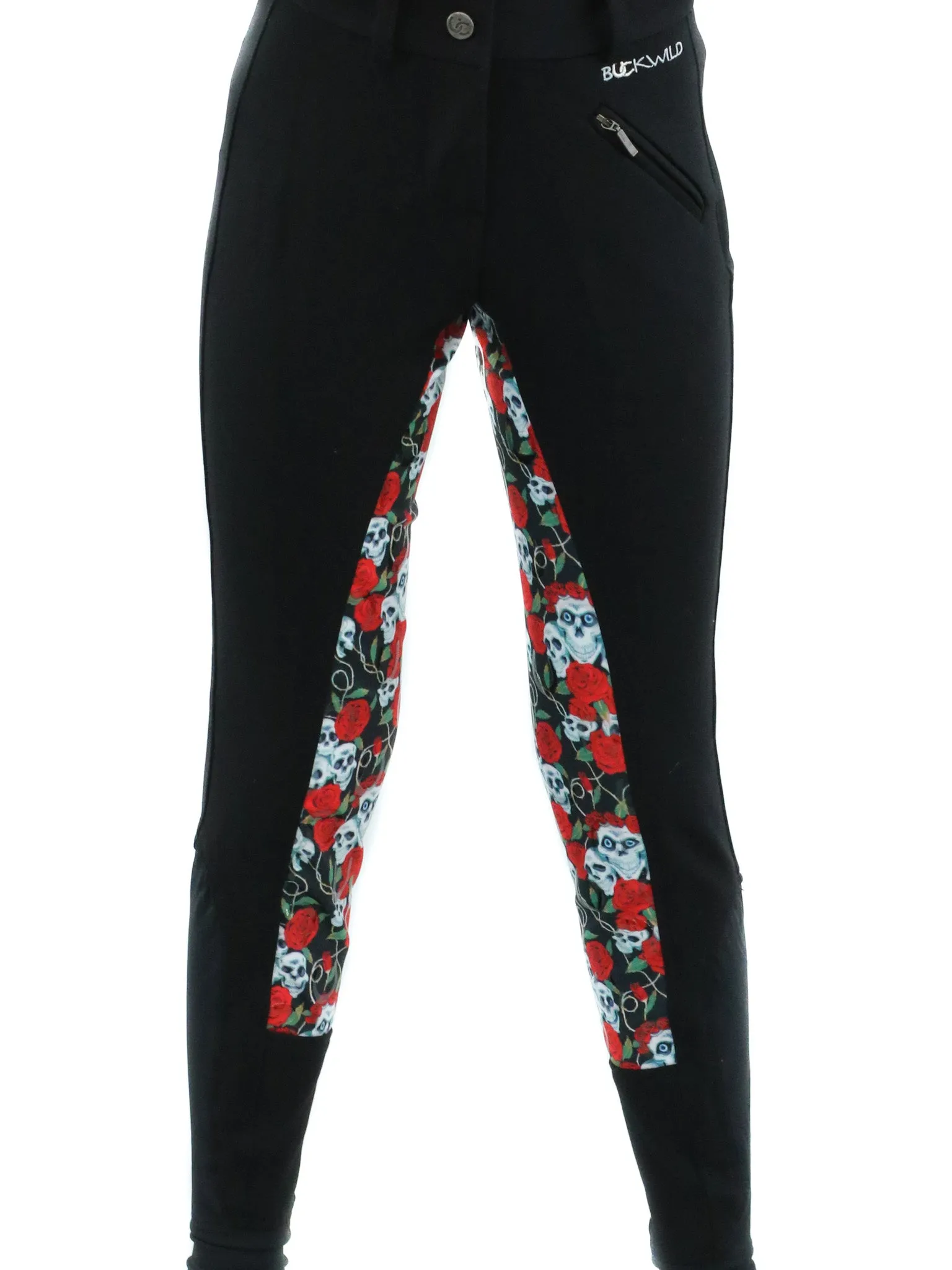 Kid's Mid Waist Breech | Black   Skulls Roses | Side Phone Pocket