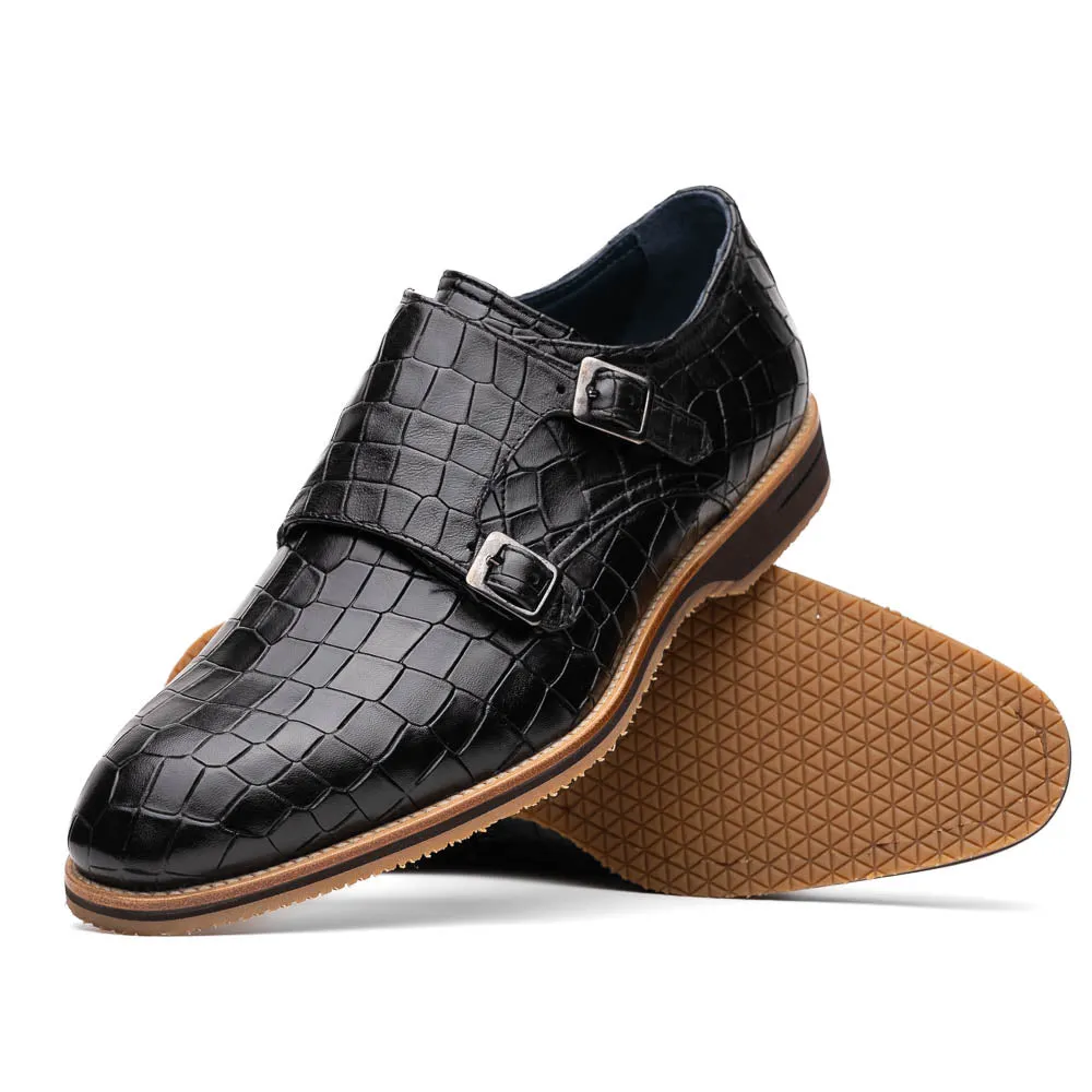 Legerra Hand Burnished Croc Embossed Italian Calfskin Monk Strap Shoe in Black by Zelli Italia