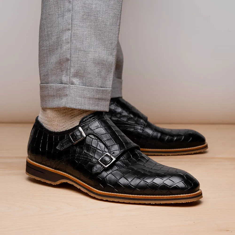 Legerra Hand Burnished Croc Embossed Italian Calfskin Monk Strap Shoe in Black by Zelli Italia