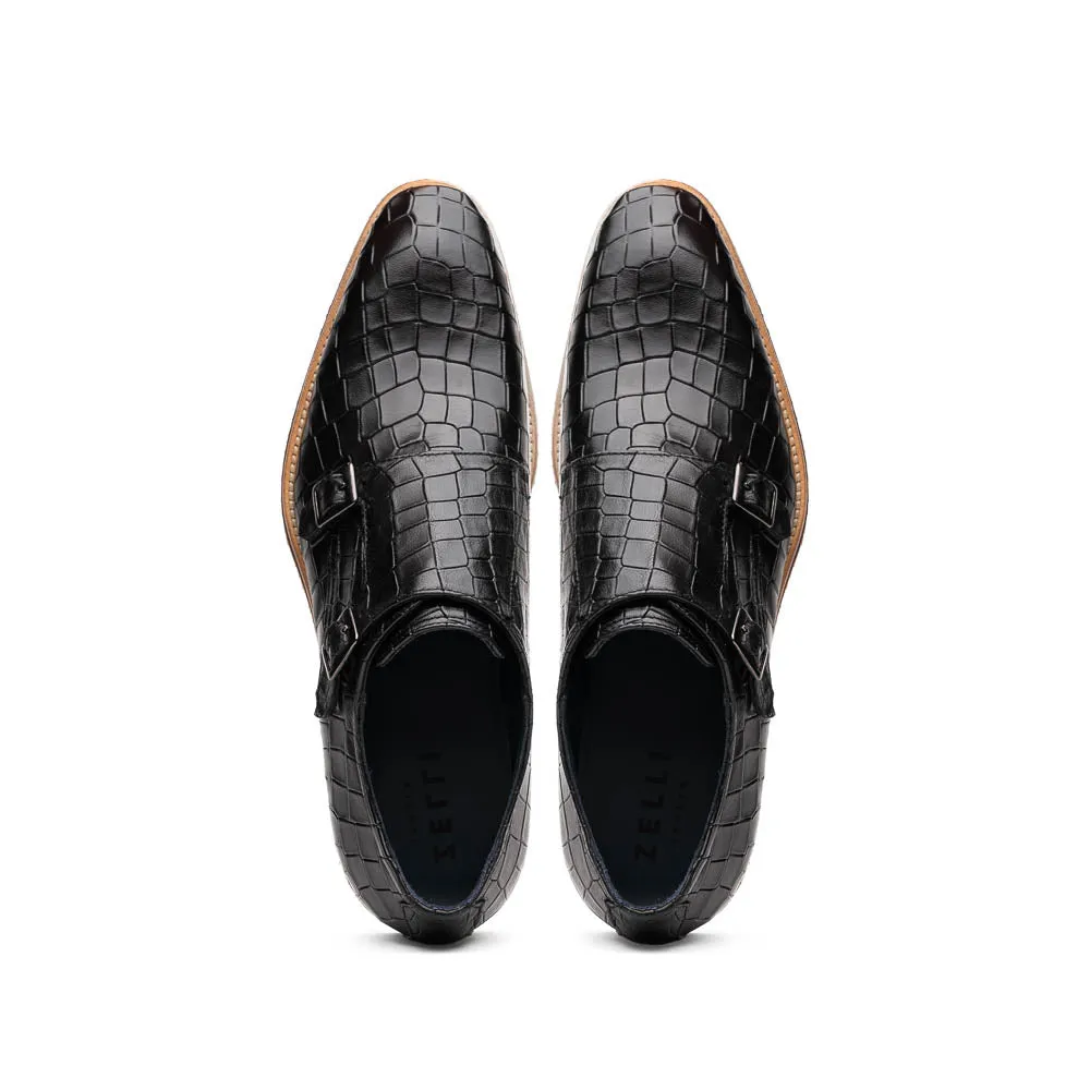 Legerra Hand Burnished Croc Embossed Italian Calfskin Monk Strap Shoe in Black by Zelli Italia