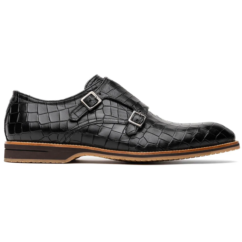 Legerra Hand Burnished Croc Embossed Italian Calfskin Monk Strap Shoe in Black by Zelli Italia