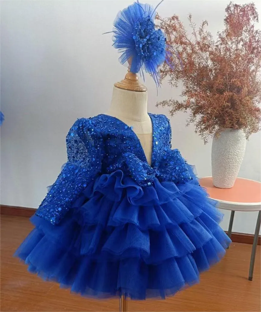 Long sleeve sequin cake girl Princess dress girl birthday dress flower child wedding Clothes 1-12Y