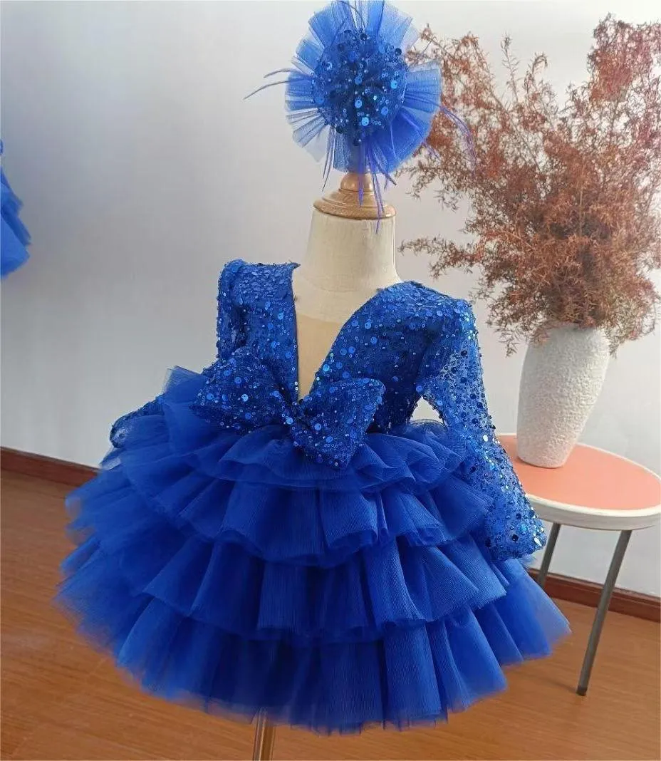 Long sleeve sequin cake girl Princess dress girl birthday dress flower child wedding Clothes 1-12Y