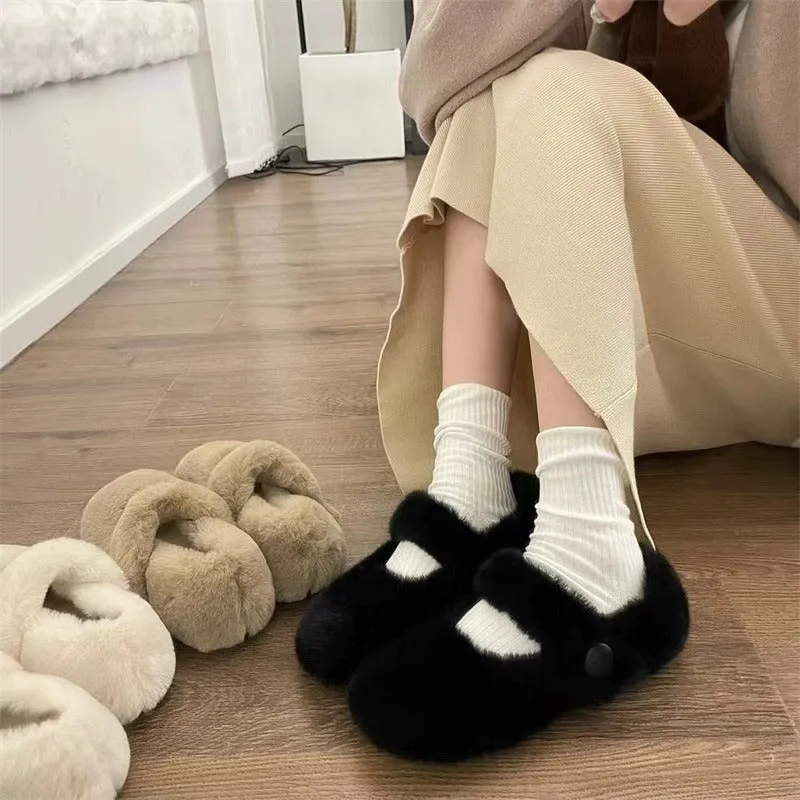 Mary Jane Fluffy Shoes Women's Winter Outerwear Flats