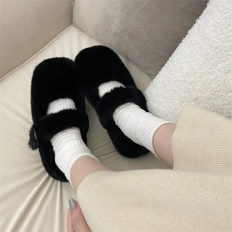 Mary Jane Fluffy Shoes Women's Winter Outerwear Flats