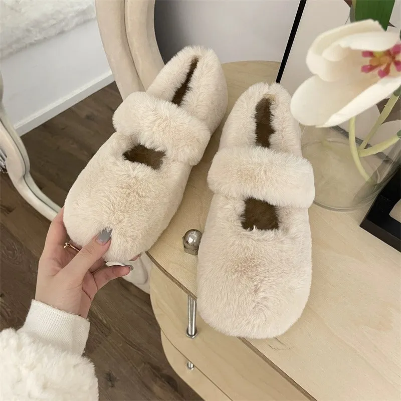 Mary Jane Fluffy Shoes Women's Winter Outerwear Flats