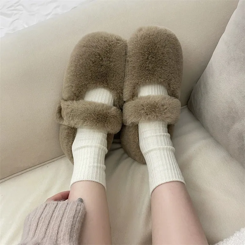 Mary Jane Fluffy Shoes Women's Winter Outerwear Flats