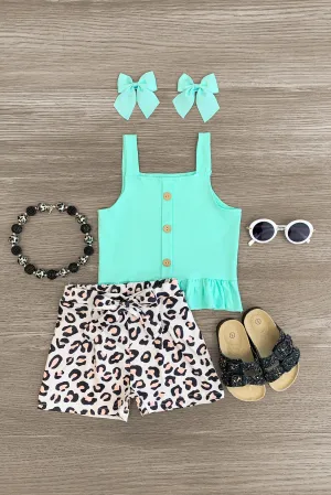 Mint Peplum Leopard Tie Short Set