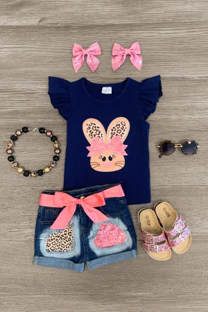 Navy & Leopard Bunny Denim Short Set