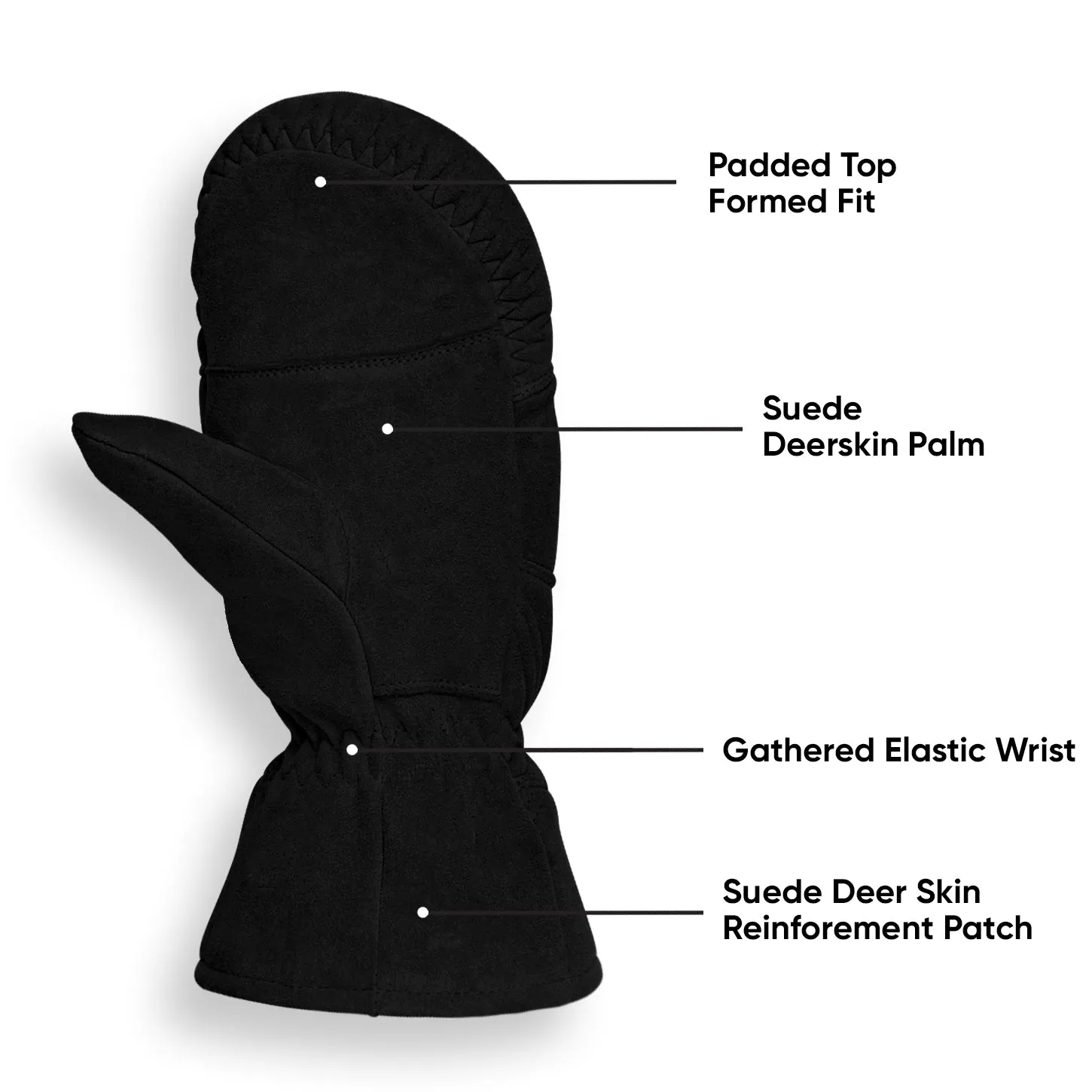 Premium Grade Suede Deerskin Black Mittens for Winter