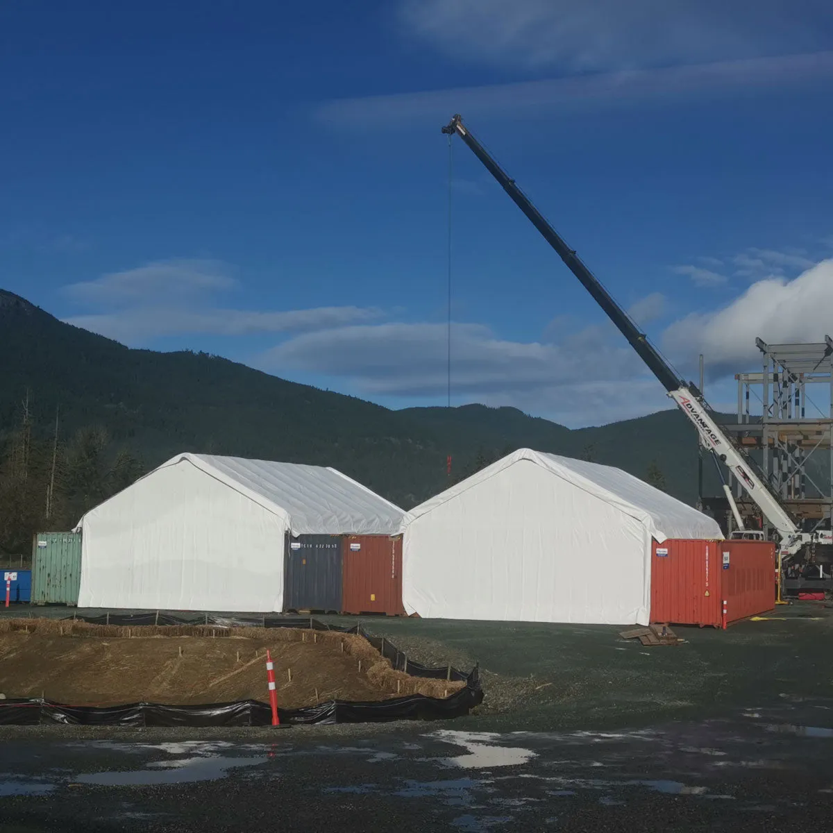 TMG Industrial 30' x 40' PVC Fabric Container Peak Roof Shelter with End Wall & Partial Front Drop Pro Series, Fire Retardant, Water Resistant, UV Protected, TMG-ST3041CVF