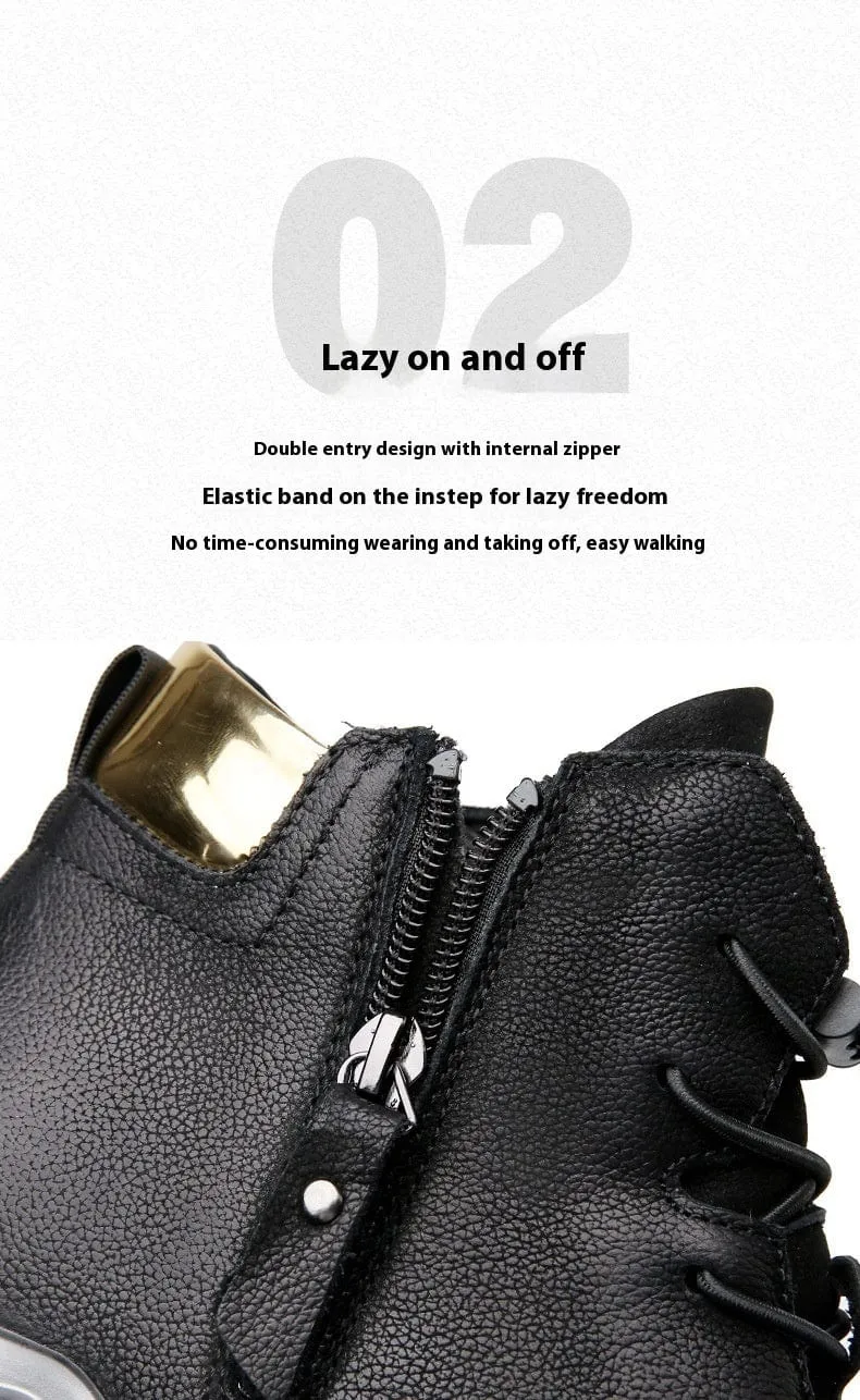 Top Layer Cowhide High-top Shoes Black Cotton Casual Leather Shoes