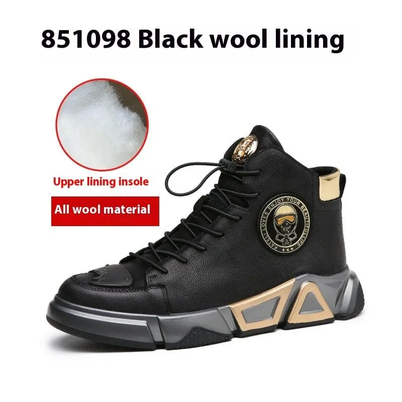 Top Layer Cowhide High-top Shoes Black Cotton Casual Leather Shoes