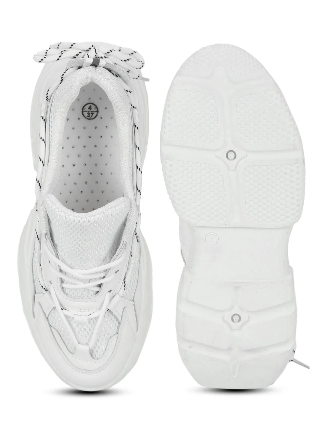 Total White PU Side Lace Pattern Chunky Sneakers