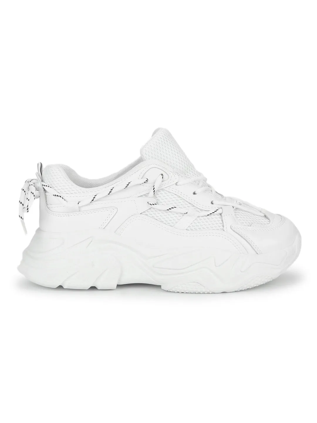 Total White PU Side Lace Pattern Chunky Sneakers