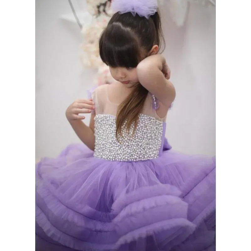 Train princess dress for girl birthday String of beads dress flower child wedding Clothes 2-12Y