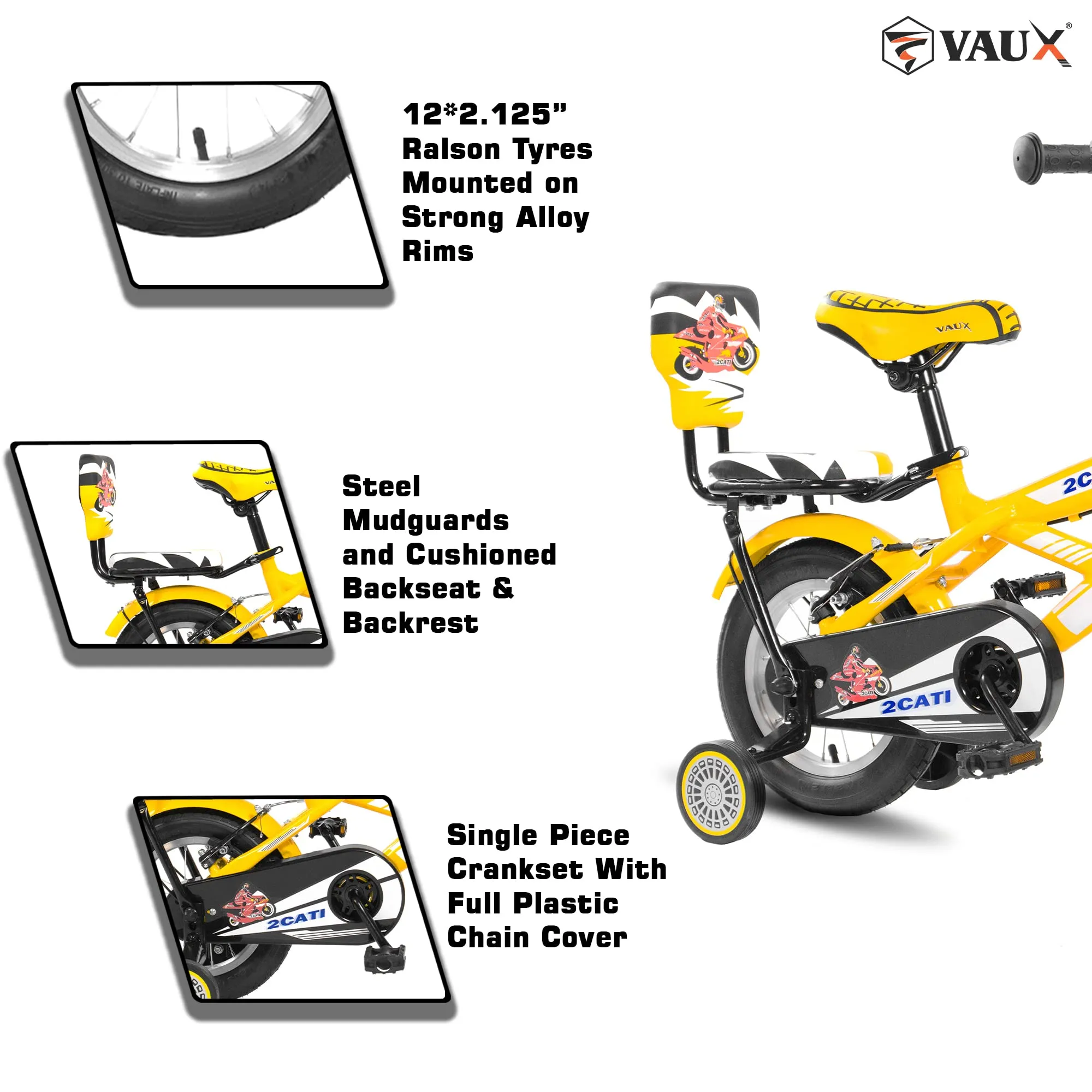 Vaux 2Cati 12inch Cycle for Kids for 2 to 4 Years Old with Basket, Support Wheels & Backseat with Backrest, Ideal for Both Boys & Girls with Steel Frame & Alloy Rims, Ideal Height:2ft to 3ft(Yellow)