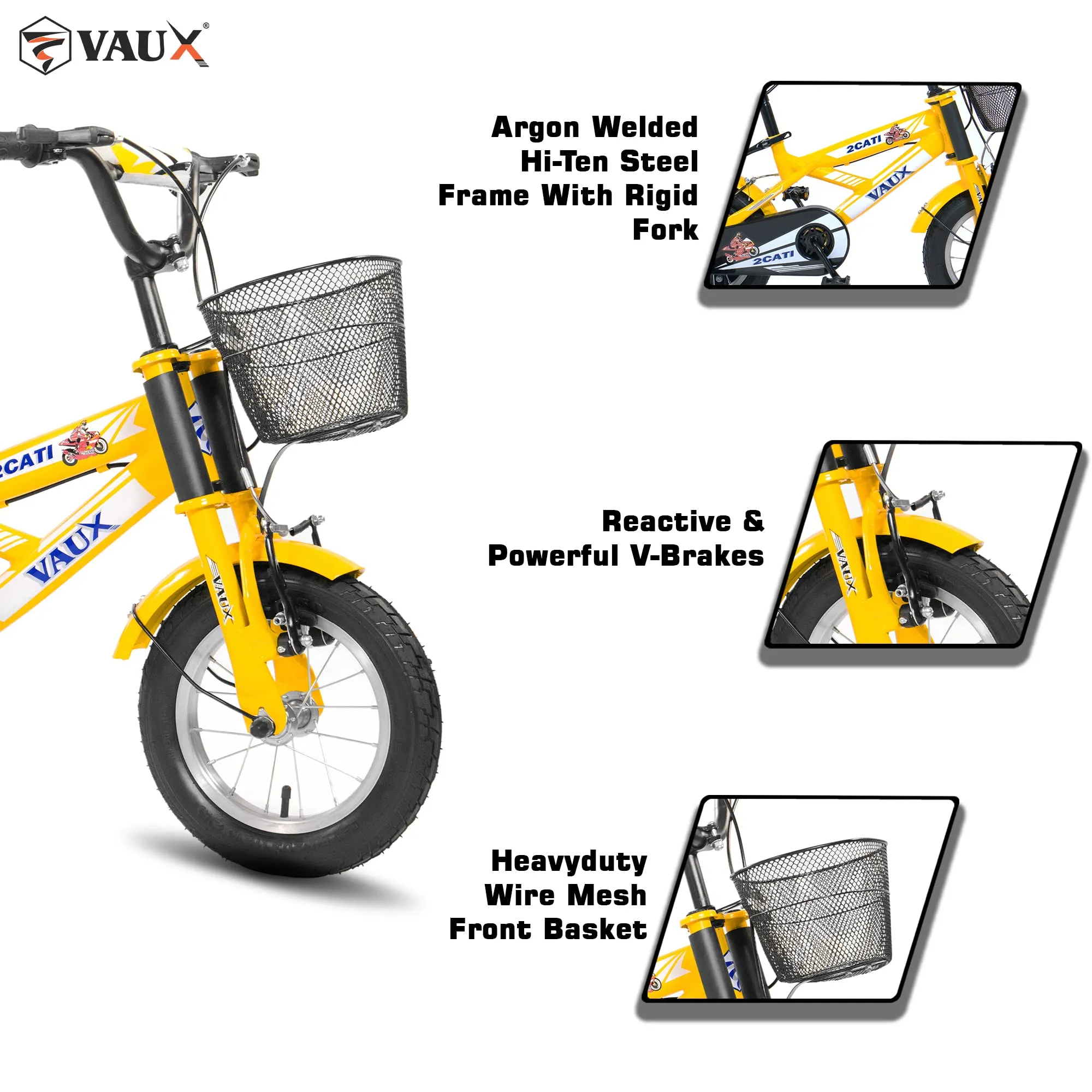 Vaux 2Cati 12inch Cycle for Kids for 2 to 4 Years Old with Basket, Support Wheels & Backseat with Backrest, Ideal for Both Boys & Girls with Steel Frame & Alloy Rims, Ideal Height:2ft to 3ft(Yellow)