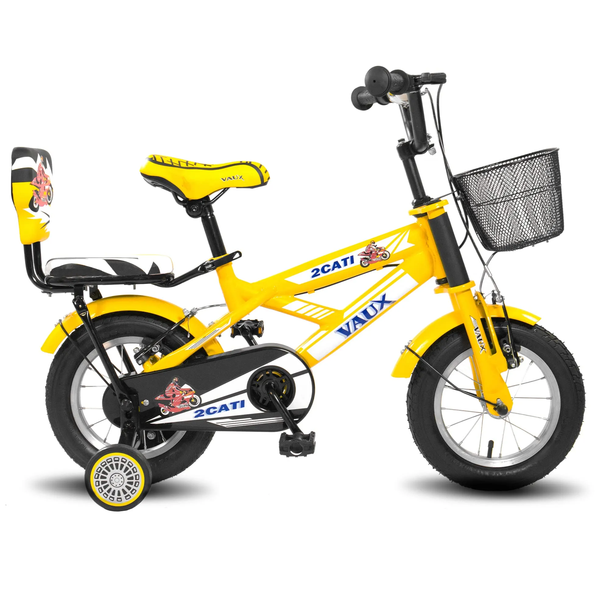 Vaux 2Cati 12inch Cycle for Kids for 2 to 4 Years Old with Basket, Support Wheels & Backseat with Backrest, Ideal for Both Boys & Girls with Steel Frame & Alloy Rims, Ideal Height:2ft to 3ft(Yellow)