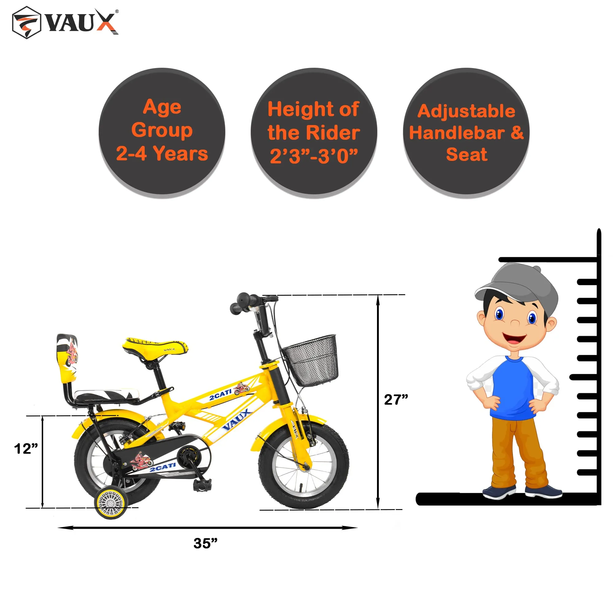 Vaux 2Cati 12inch Cycle for Kids for 2 to 4 Years Old with Basket, Support Wheels & Backseat with Backrest, Ideal for Both Boys & Girls with Steel Frame & Alloy Rims, Ideal Height:2ft to 3ft(Yellow)