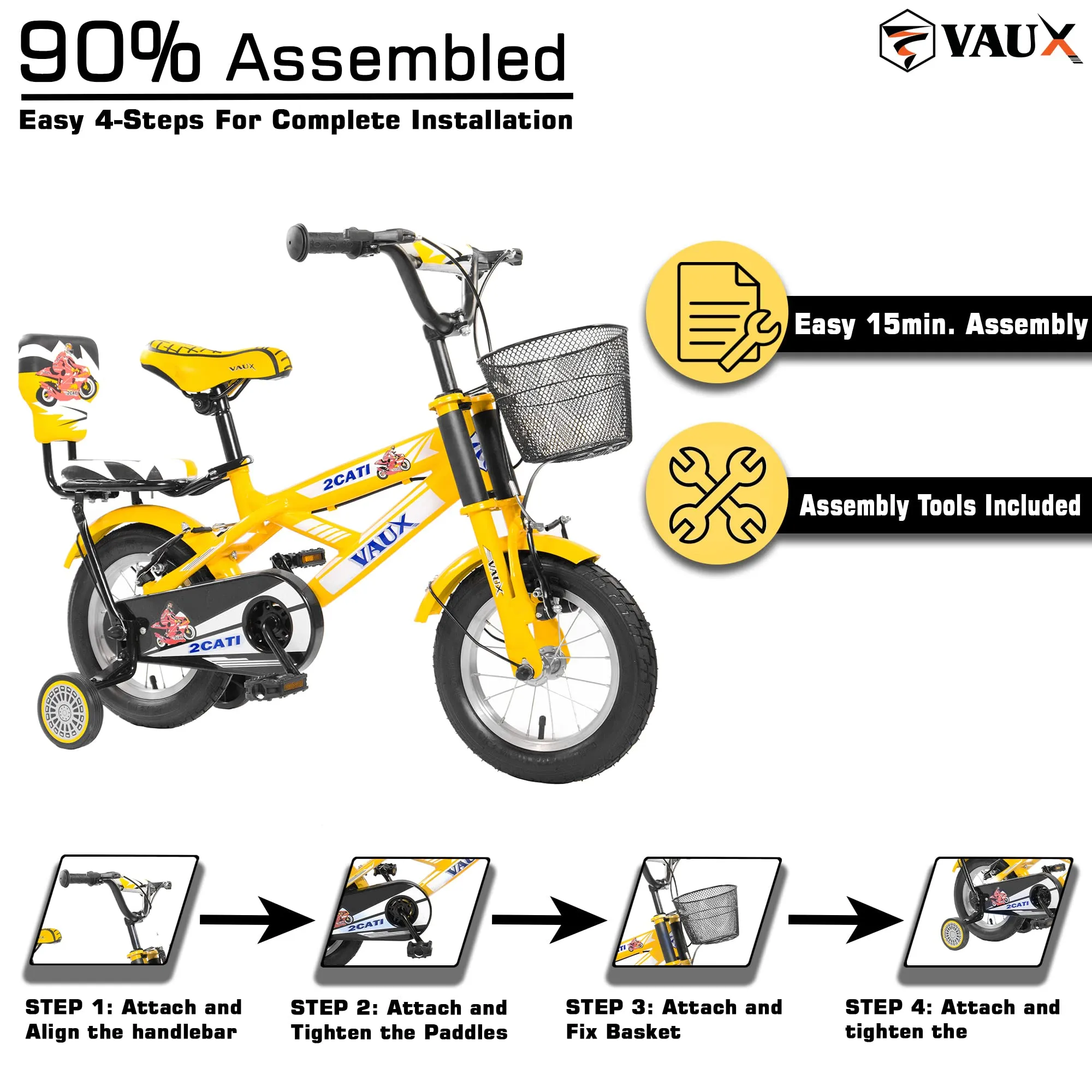 Vaux 2Cati 12inch Cycle for Kids for 2 to 4 Years Old with Basket, Support Wheels & Backseat with Backrest, Ideal for Both Boys & Girls with Steel Frame & Alloy Rims, Ideal Height:2ft to 3ft(Yellow)