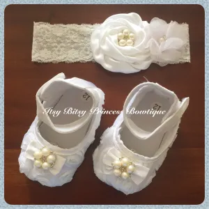 White rose shoes and headband set