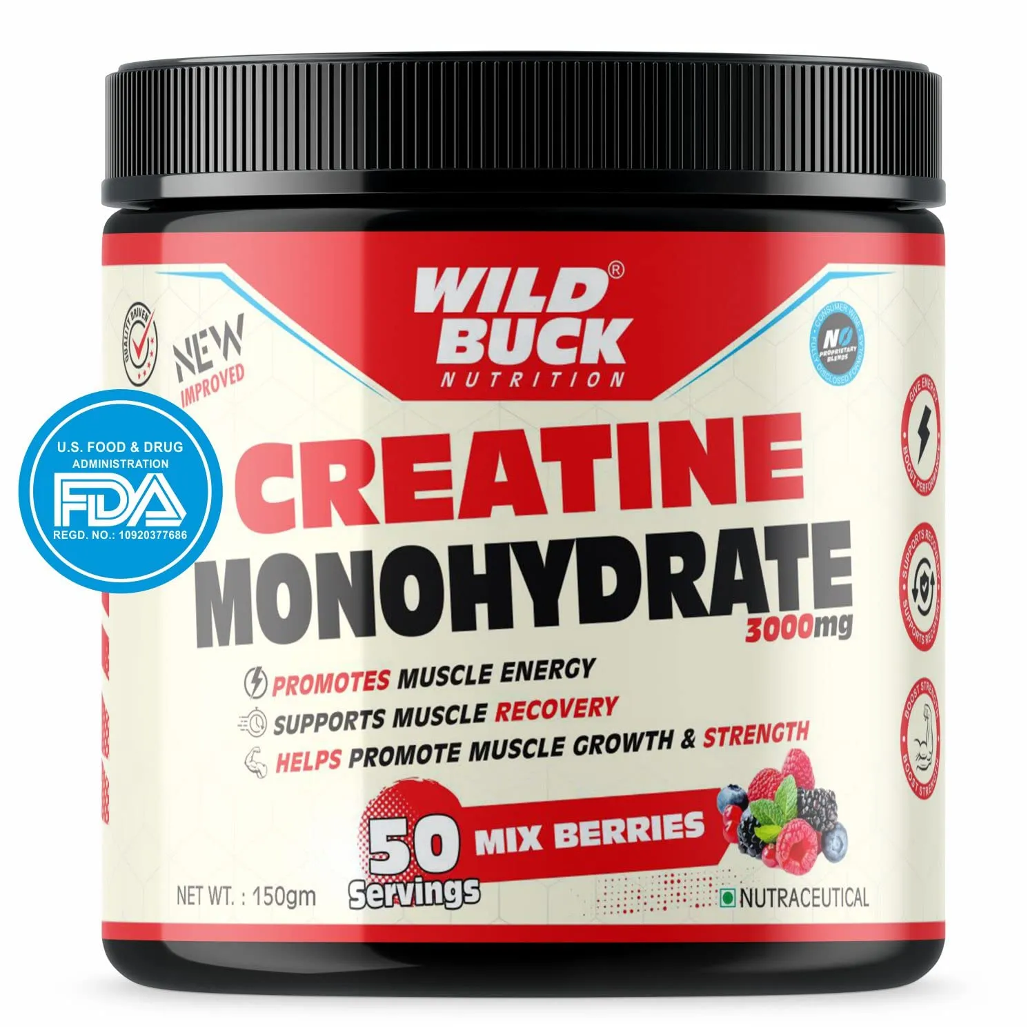 WILD BUCK Creatine Monohydrate Powder, Strength, Reduce Fatigue, 100% Pure Creatine, Lean Muscle Building, Supports Muscle Growth, Athletic Performance, Recovery [50 Servings, Mix Berries]