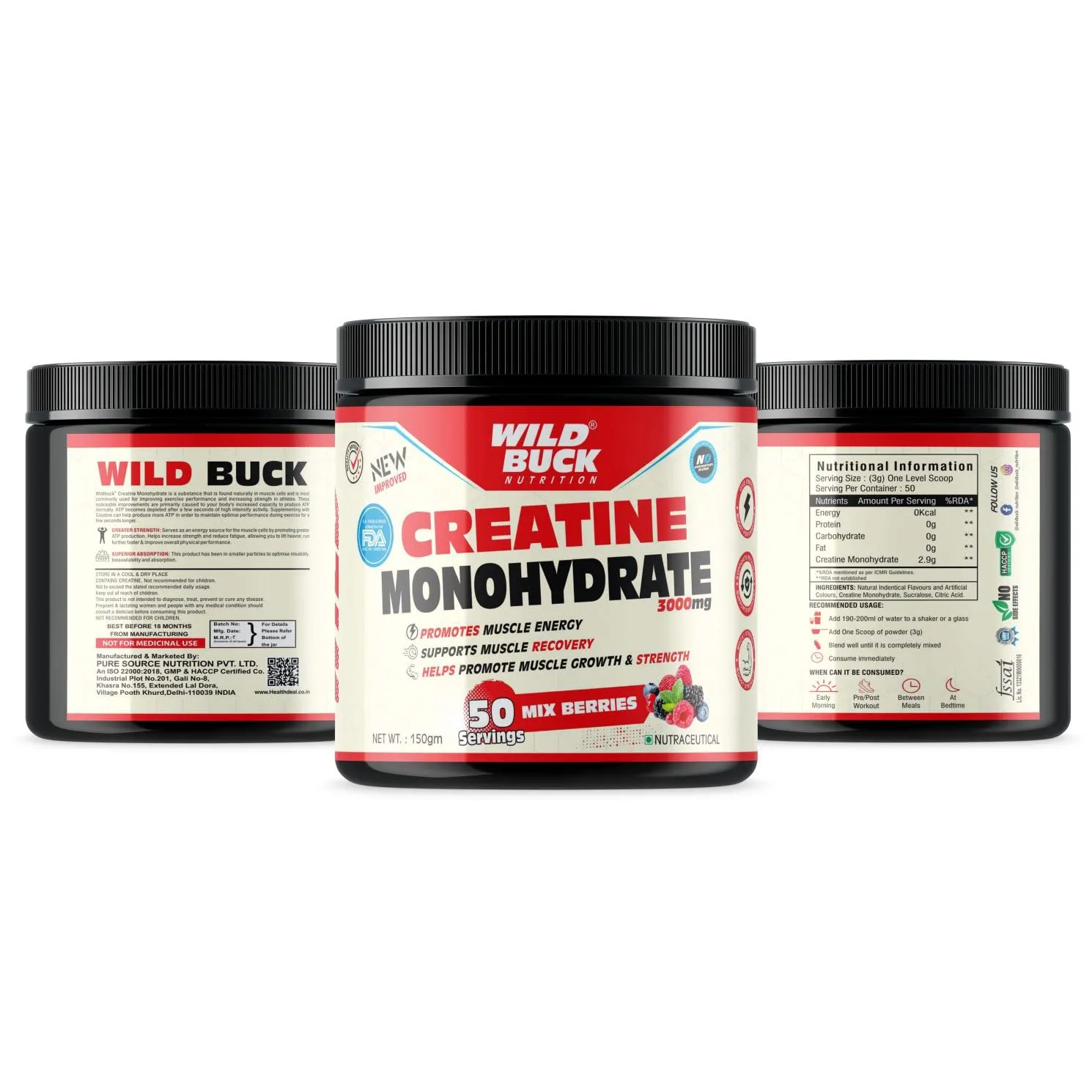 WILD BUCK Creatine Monohydrate Powder, Strength, Reduce Fatigue, 100% Pure Creatine, Lean Muscle Building, Supports Muscle Growth, Athletic Performance, Recovery [50 Servings, Mix Berries]