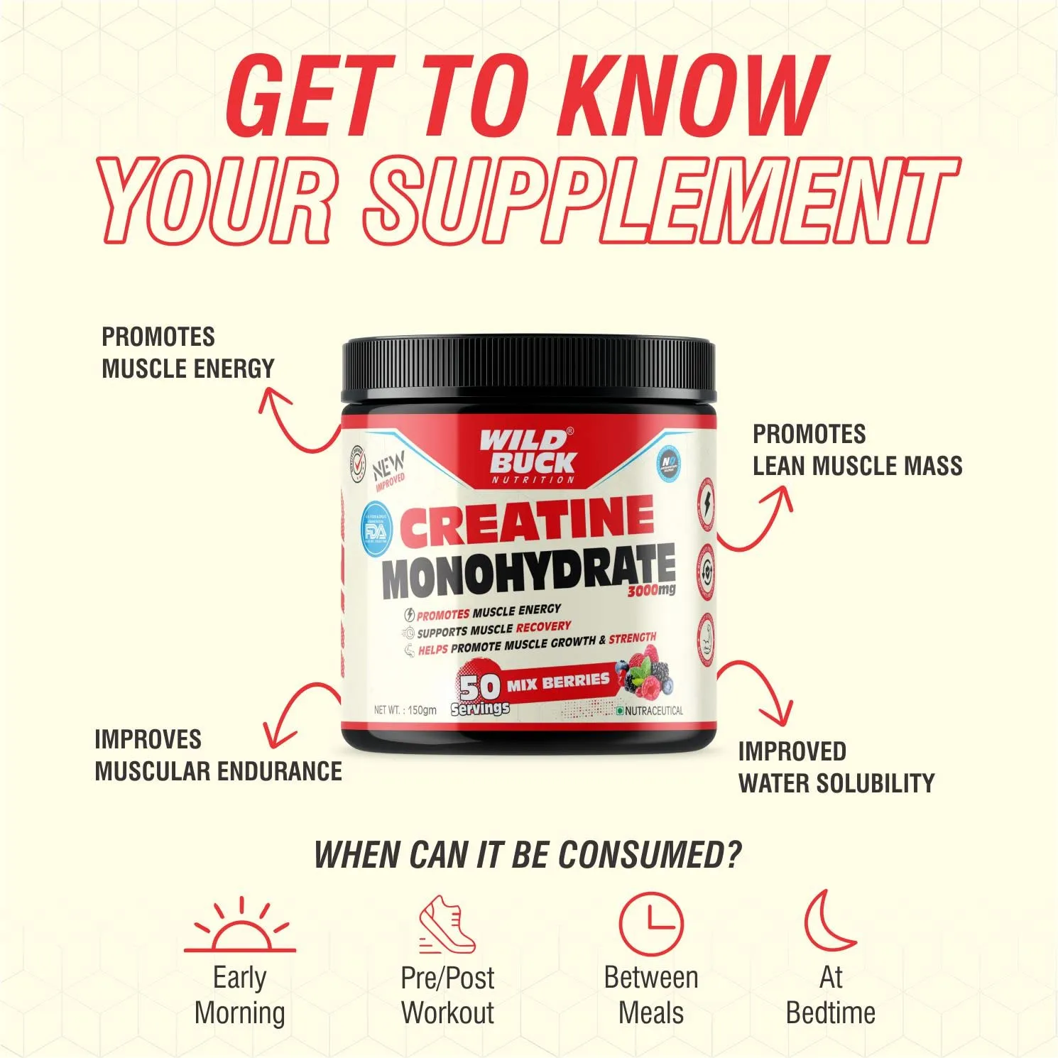 WILD BUCK Creatine Monohydrate Powder, Strength, Reduce Fatigue, 100% Pure Creatine, Lean Muscle Building, Supports Muscle Growth, Athletic Performance, Recovery [50 Servings, Mix Berries]